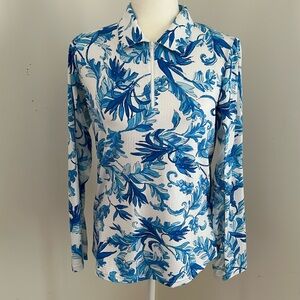 Icikuls Blue/White Birds of Paradise Print Golf/Tennis Long Sleeved Polo…